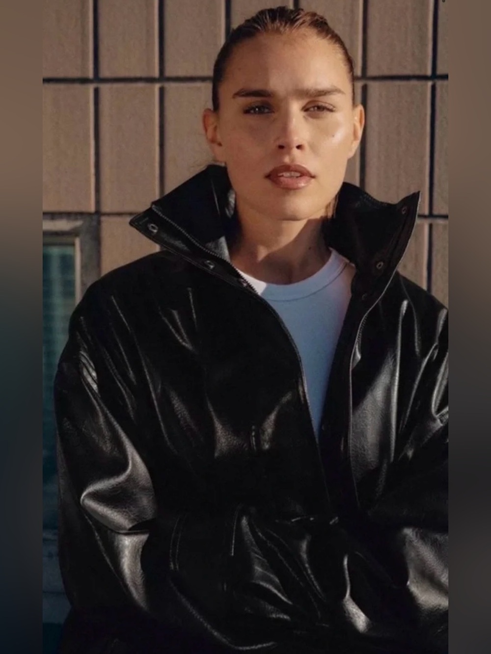 Zara Black Leather-Look Bomber Jacket